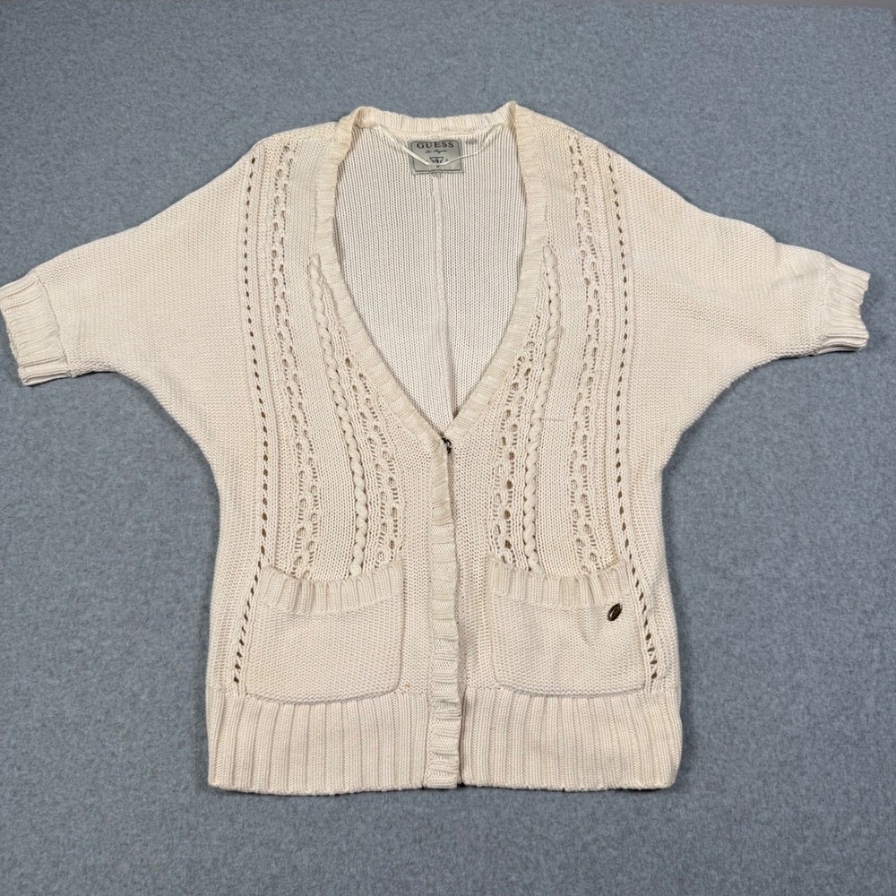 Vintage Guess Los Angeles Cream Chunky Knit Cardigan Sweater Short Sleeve Large